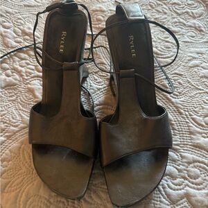 Black Leather T-Strap Wrap Sandals for Women